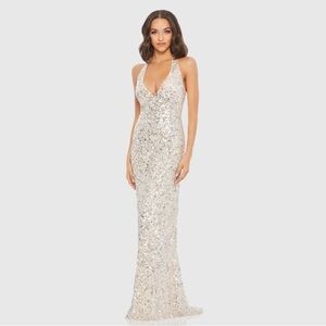 Mac Duggal Silver Sequin Halter Neck Maxi Gown